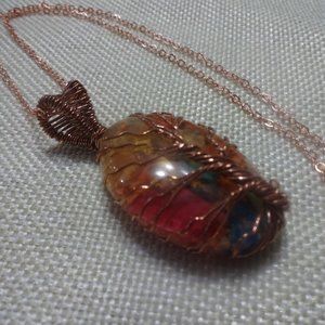 Gorgeous "OYSTER TURQUOISE" COPPER Wire-Wrapped Tree Handmade Pendant/Chain #55B